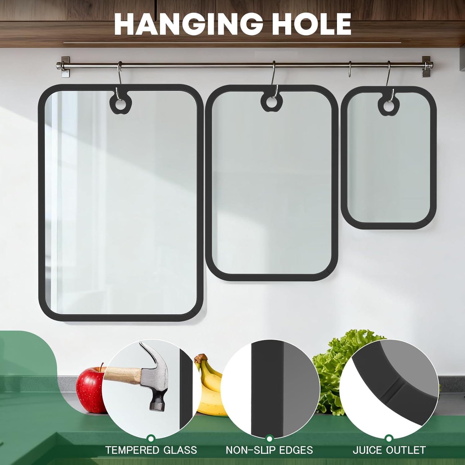 Dishwasher Safe Tempered Glass Cutting Boards for Kitchen Counter, 3pcs Clear Cutting Board for Countertop with Non-Slip Edges & Hanging Hole, Heat Resistant, Non Toxic, Scratch Resistant (Black)