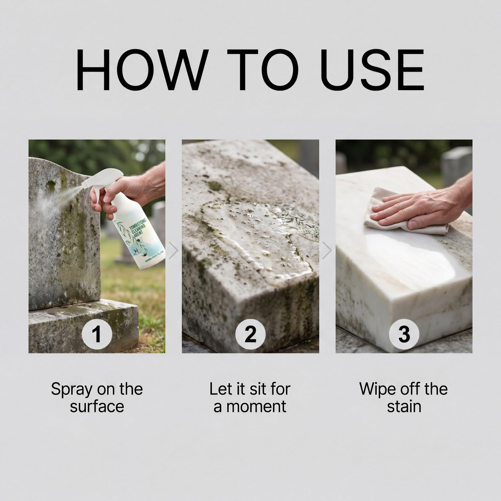 Spray limpiador de lápidas y lápidas para granito, mármol y piedra natural, cuidado conmemorativo de cementerio al aire libre de 500 ml con revitalizador protector y revestimiento protector resistente