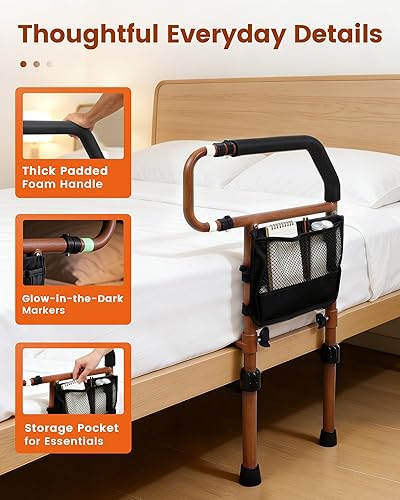 Miniatura 7 de Sangohe Riel de cama para ancianos, asa de barra de apoyo de cama con bolsillo de almacenamiento, rieles de seguridad para adultos mayores que