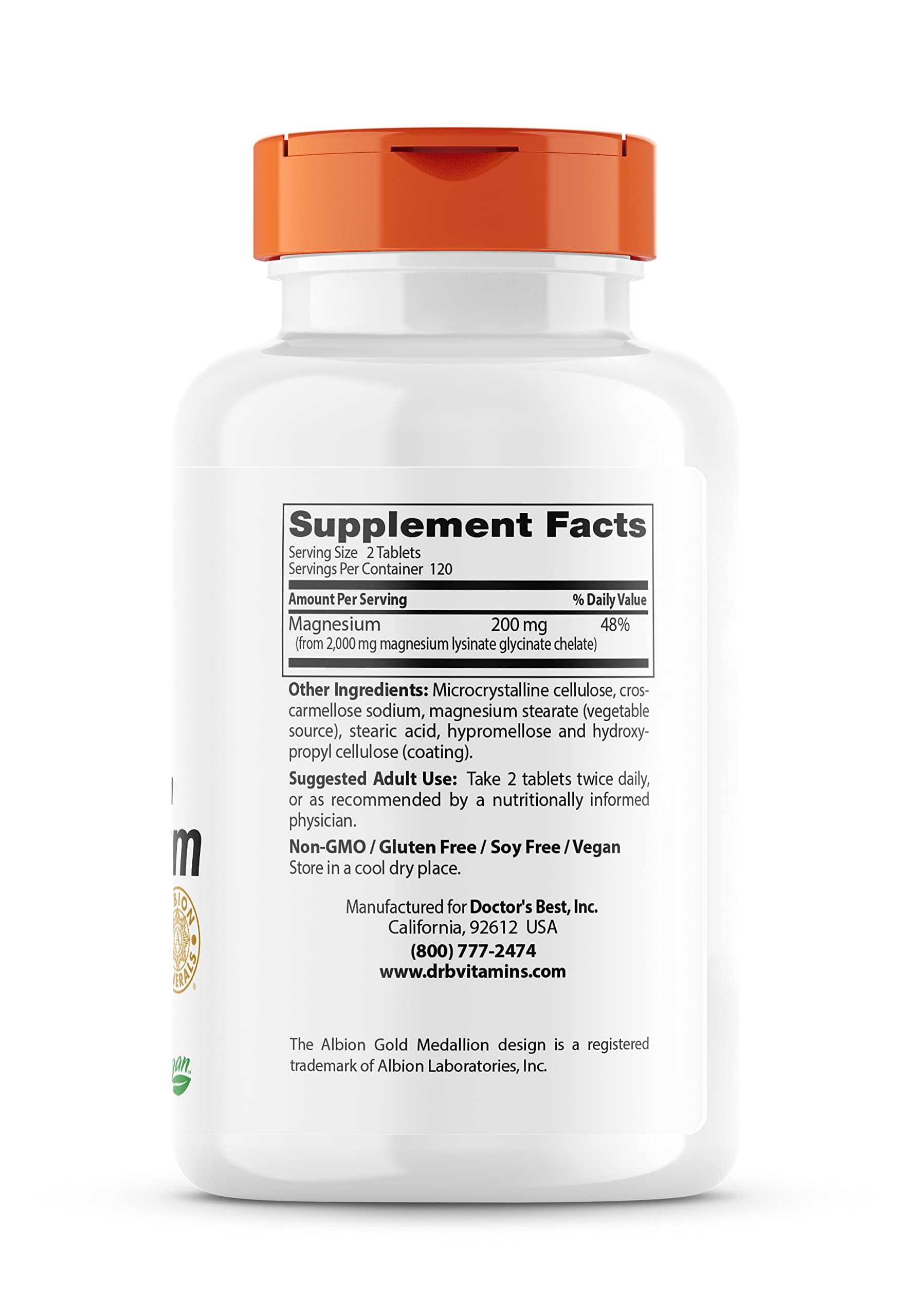 Doctor's Best High Absorption Magnesium Glycinate Lysinate, 100% Chelated, Non-GMO, Vegan, Gluten & Soy Free, 100 mg, 240 Count