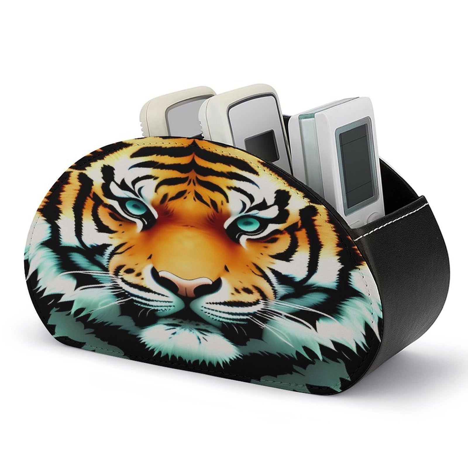 VstaDank Little Fat Tiger Head Remote Control Holder with 5 Compartments Pu Leather TV Remote Caddy Storage Box Desktop Organizer Store Controller DVD Brush Pens Glasses&Office Supplies