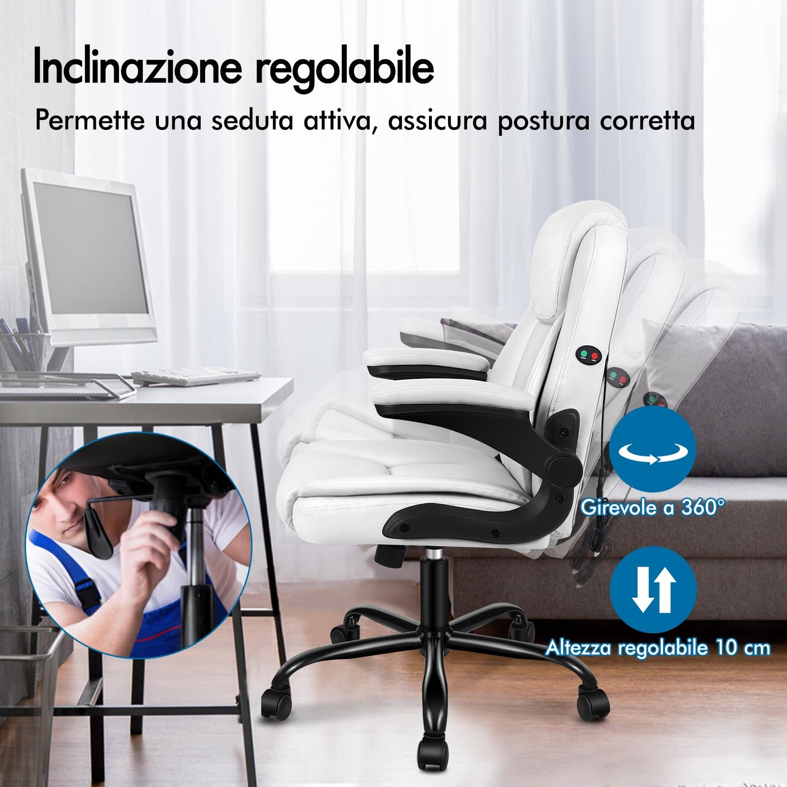 ALFORDSON Sedia da Ufficio Ergonomica con Massaggio, Supporto Lombare, Sedia Scrivania Poltrona Girevole ad Altezza Regolabile per Ufficio e Studio Sala Riunioni,Portante di 150 kg, Similpelle(Bianca)