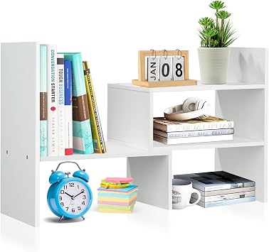 Wooden Desk Shelf, Adjustable Desktop Bookshelf, Small Bookcase, White