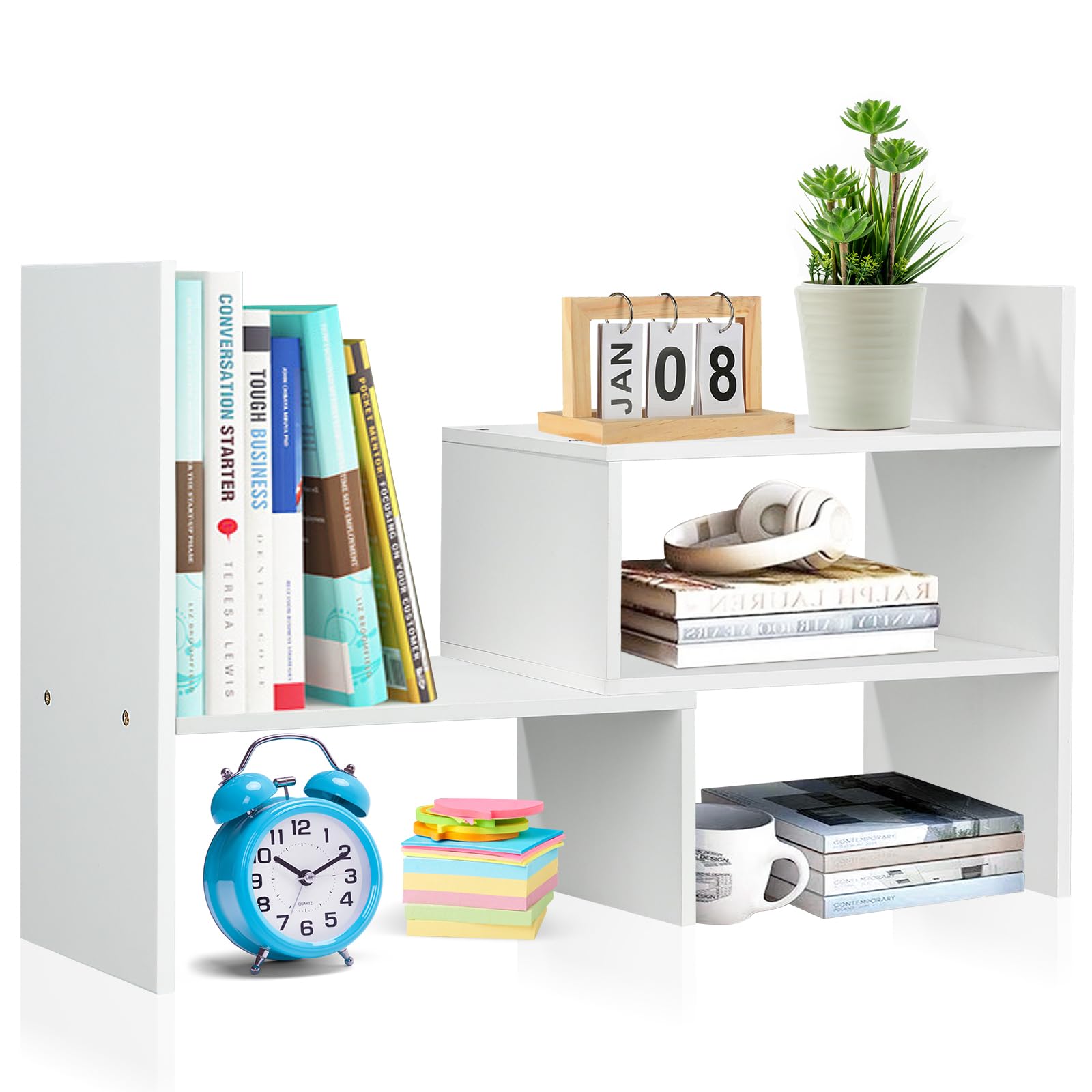 Esilihom Desk Shelf, Adjustable Book Shelf for Desk, Desktop Bookshelf, Small Bookcase, White