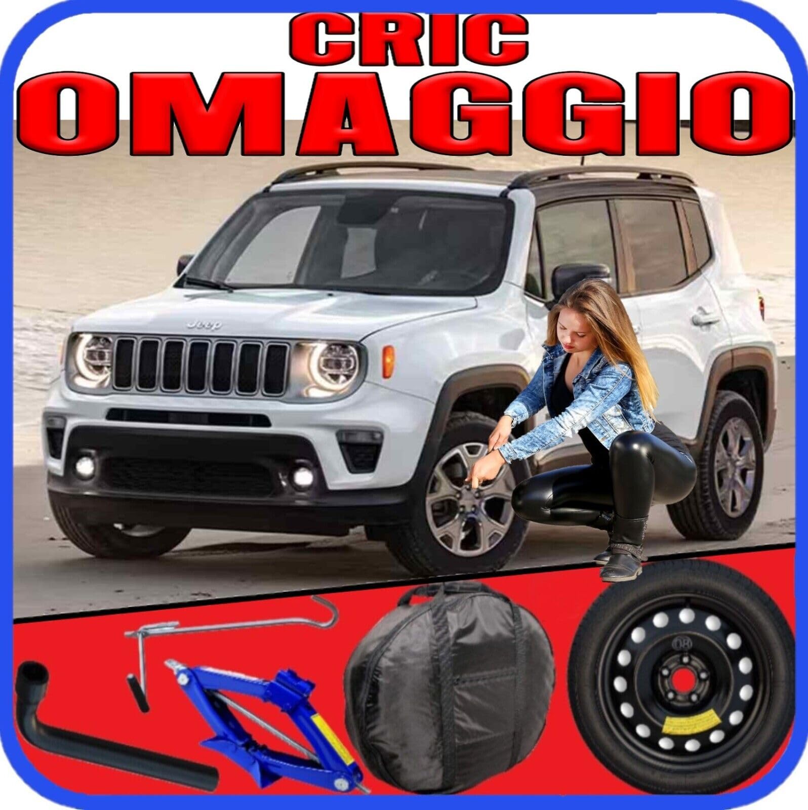 Ruotino Di Scorta Compatibile con Jeep Renegade (BU) 5 Fori Gomma 125/80 R17 Da Anno 2014 Fino ad Anno 2025 Con Kit Accessori Cric Crick Chiave e Sacca 125 80 17 17"