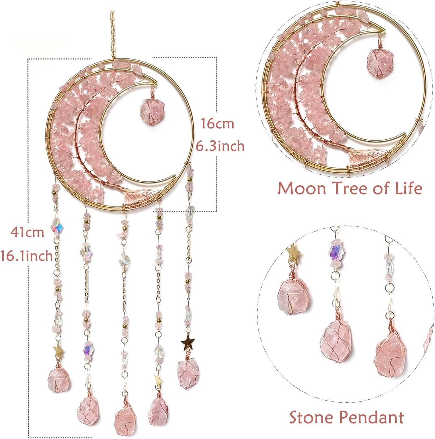 Pink Tree of Life Dream Catcher with Stone Pendant | Handmade, Moon, Wall Decor, Wall Hanging Ornament, Bedroom Living Room Home Decor