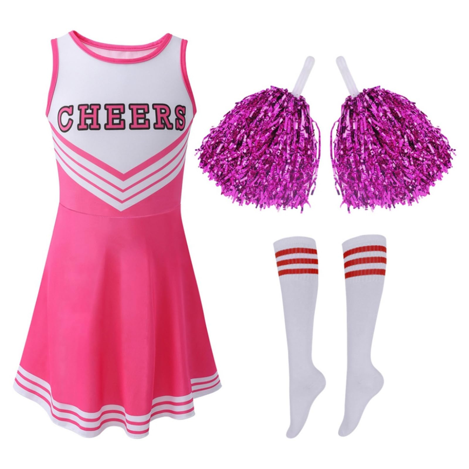 Hovershoes Girl Cheerleader Outfits with Cheerleader Pom Poms and Socks, Kids Cheerleading Uniform Outfit School Musical Child Cheer Clothes Carnival Halloween Dress