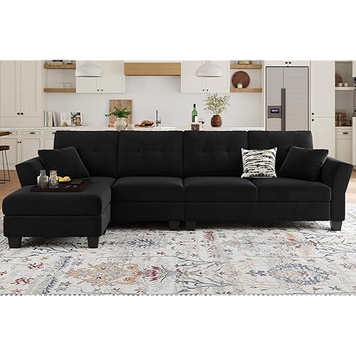 Belffin Velvet Sectional Couch L Shaped Sofa 4 Seater Sofa with Chaise L-Shaped Couches Convertible Sectional Sofa Black