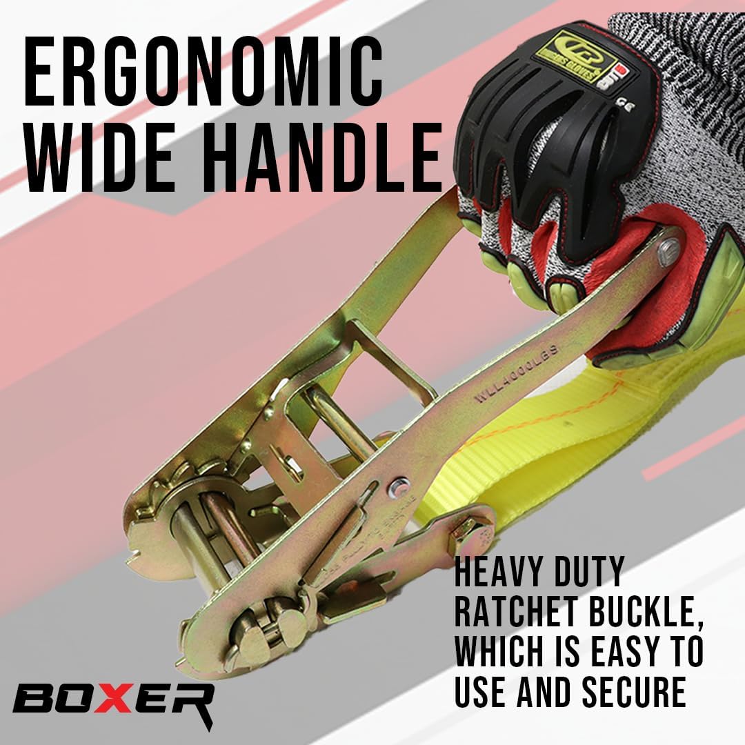 BoxerTool Pro Car Tie Down with Flat Hooks - Lasso Style - 2" x 120" - 4 Pack - for Trailers - Flat Bed - Towing - Power Sports