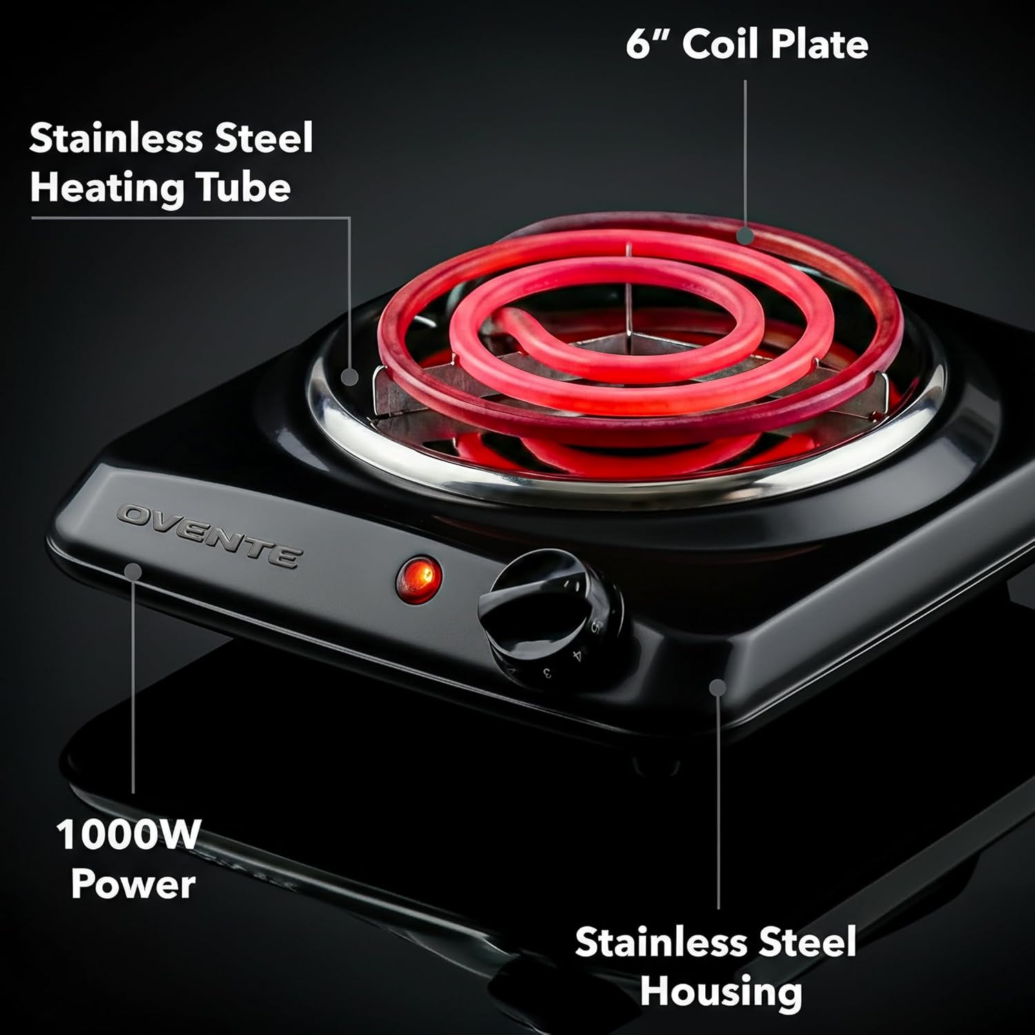 OVENTE Electric Countertop Single Burner, 1000W Cooktop with 6" Stainless Steel Coil Hot Plate, 5 Level Temperature Control, Indicator Light, Compact Cooking Stove and Easy to Clean, Black BGC101B
