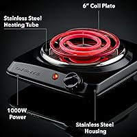 Vista 5 de OVENTE - Quemador eléctrico de sobremesa individual, estufa de 1000W con placa caliente de bobina de acero inoxidable de 6", control de temperatura