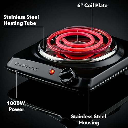 Miniatura 5 de OVENTE - Quemador eléctrico de sobremesa individual, estufa de 1000W con placa caliente de bobina de acero inoxidable de 6", control de temperatura