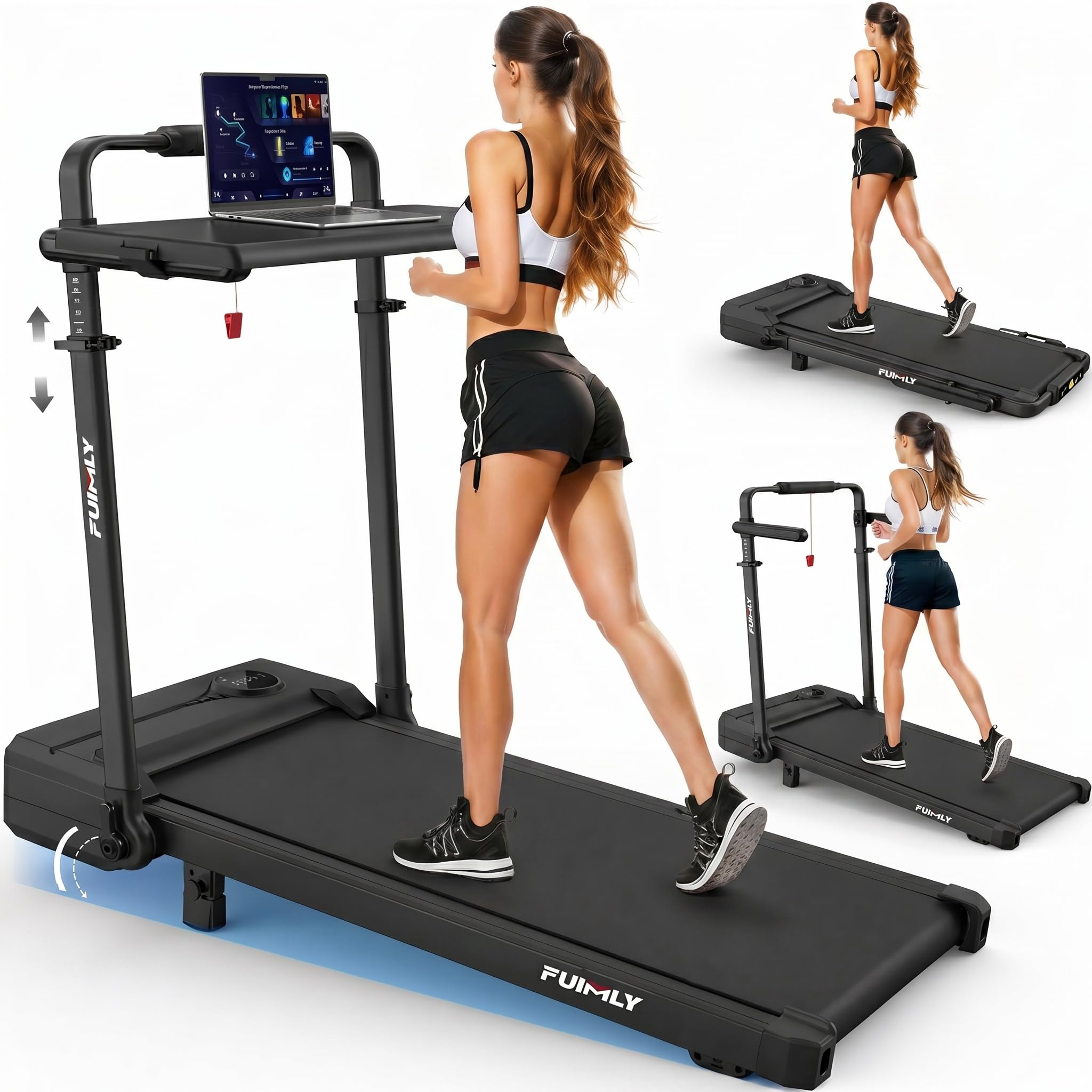 Walking Pad Laufband für Zuhause Klappbar - Walking Pad mit Steigung 9%, 8 in 1 Schreibtisch Laufband mit verstellbarem Handlauf 105-115 cm, 3.5 PS Leise Treadmill für Home Office & Büro, bis 150 kg