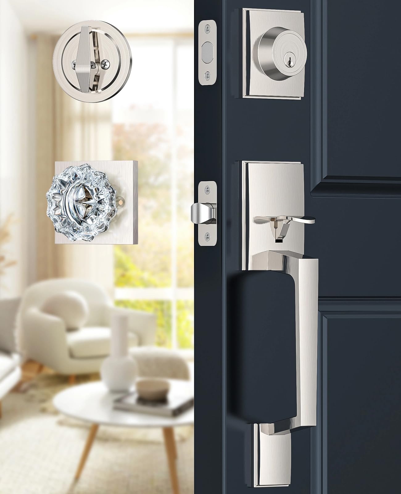 Satin Nickel Front Door Lock Set with Glass Door Knob Modern