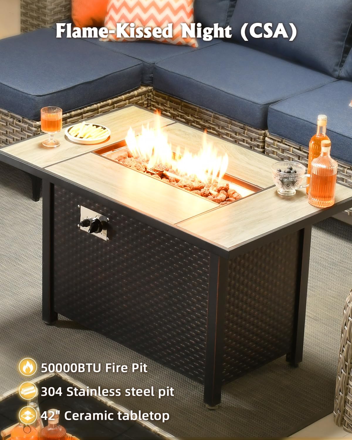 Outdoor Sectional Patio Furniture Set with Fire Pit Table,8 Pieces Wicker Conversation Sets L Shaped Couch,Extra Deep Out Door Sofa Outside Furniture with Swivel Chairs,Blue