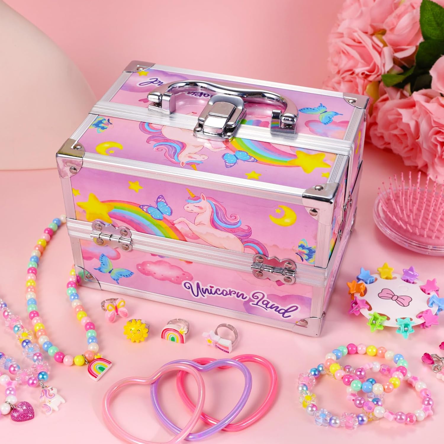 PinkSheep Unicorn Kids Jewelry for Girls: Toddler Princess Dress Up Unicorn Toy Set, Ring Necklace Bracelace Earing Clip for Little Girls, for Kids Toddler Jewelry Age 3-8