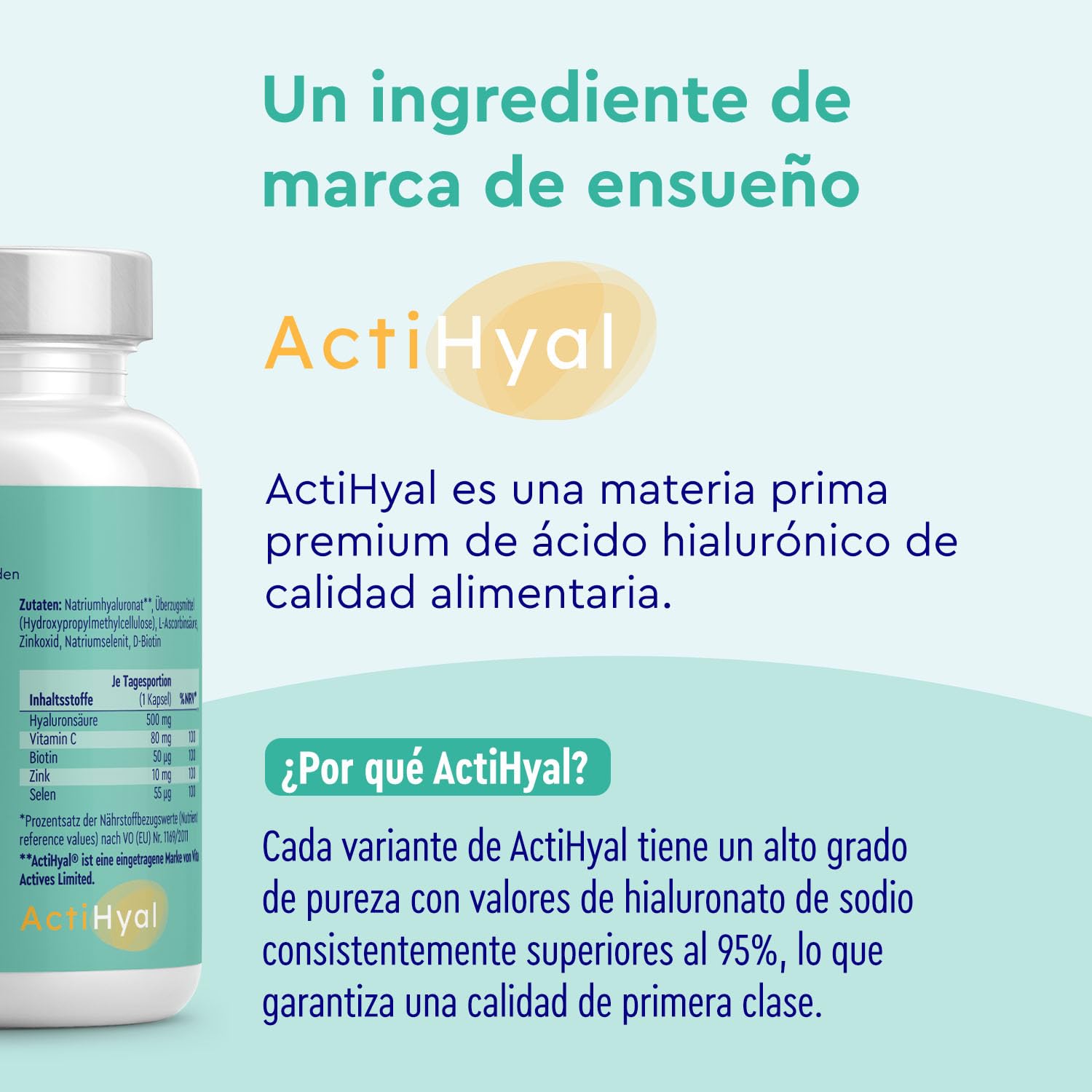 Ácido Hialurónico + Vitamina C + Biotina + Zinc + Selenio - ActiHyal® Materia prima para un alto grado de pureza (95%) - Para la piel, articulaciones, los huesos y el cabello