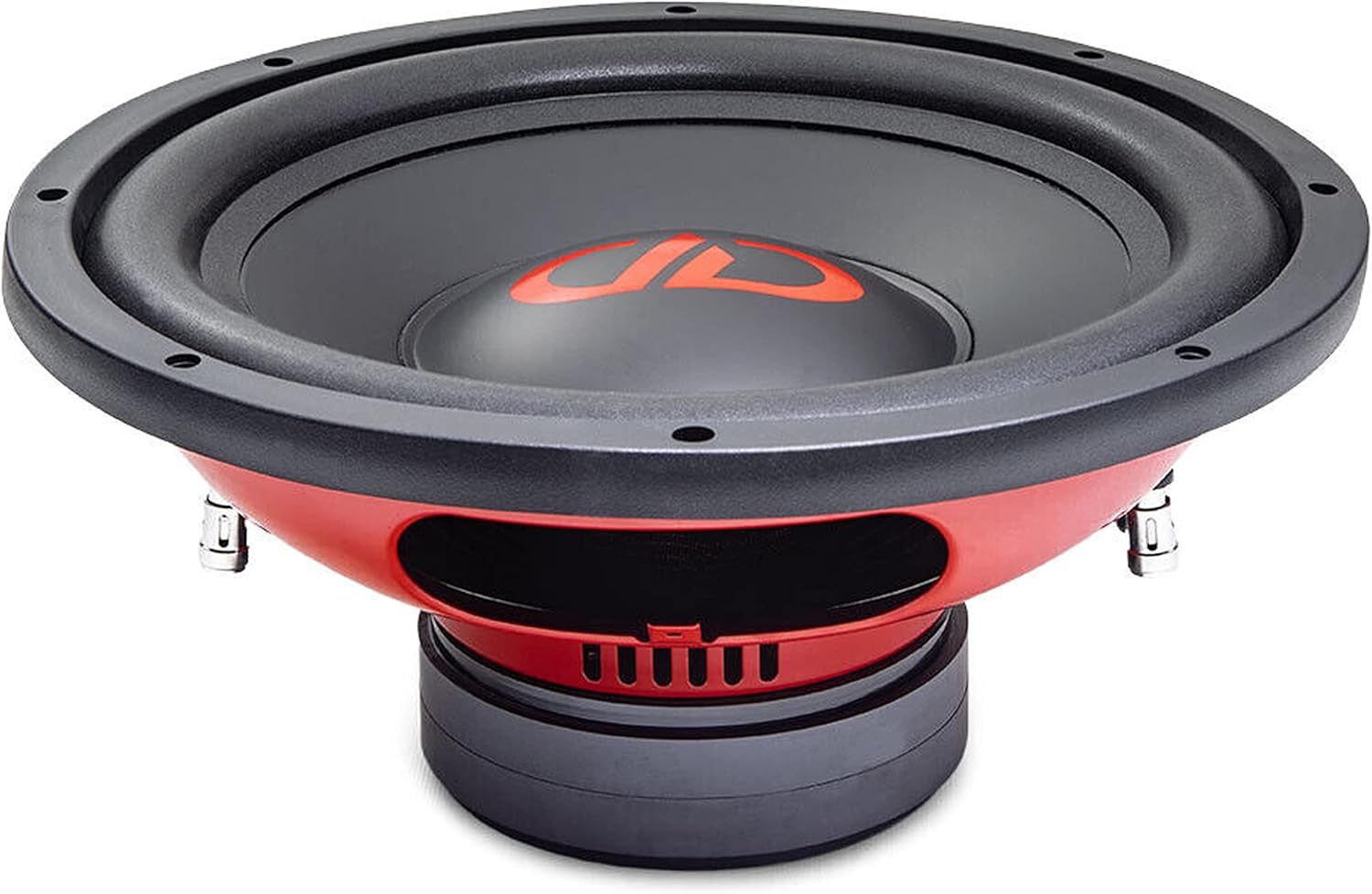 Minn fuq għal isfel view of the DD Audio SW12A-D4 subwoofer, highlighting the cone and surround.