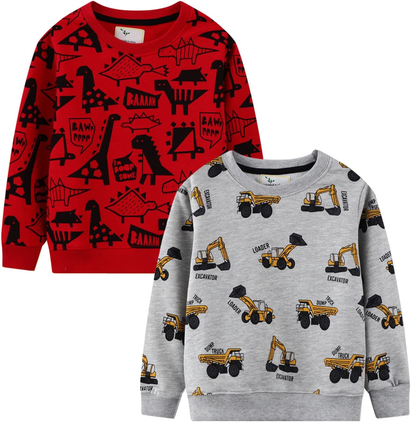 LOKTARC 2 Pack Toddler Boys Sweatshirts Patterned Long Sleeve Pullover Crewneck Tops Shirts