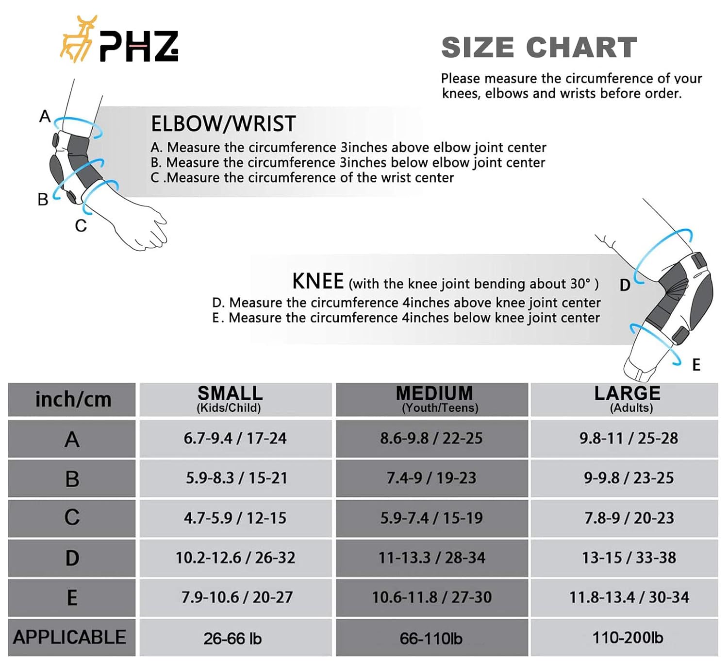 PHZ. Knee Pads Kids/Youth/Adult Protective Gear Set Elbow Pads Wrist Guards 6 in 1 for Sports Skateboarding Roller Skating Inline Skate Cycling Bike BMX Bicycle Scooter Riding : Sports & Outdoors