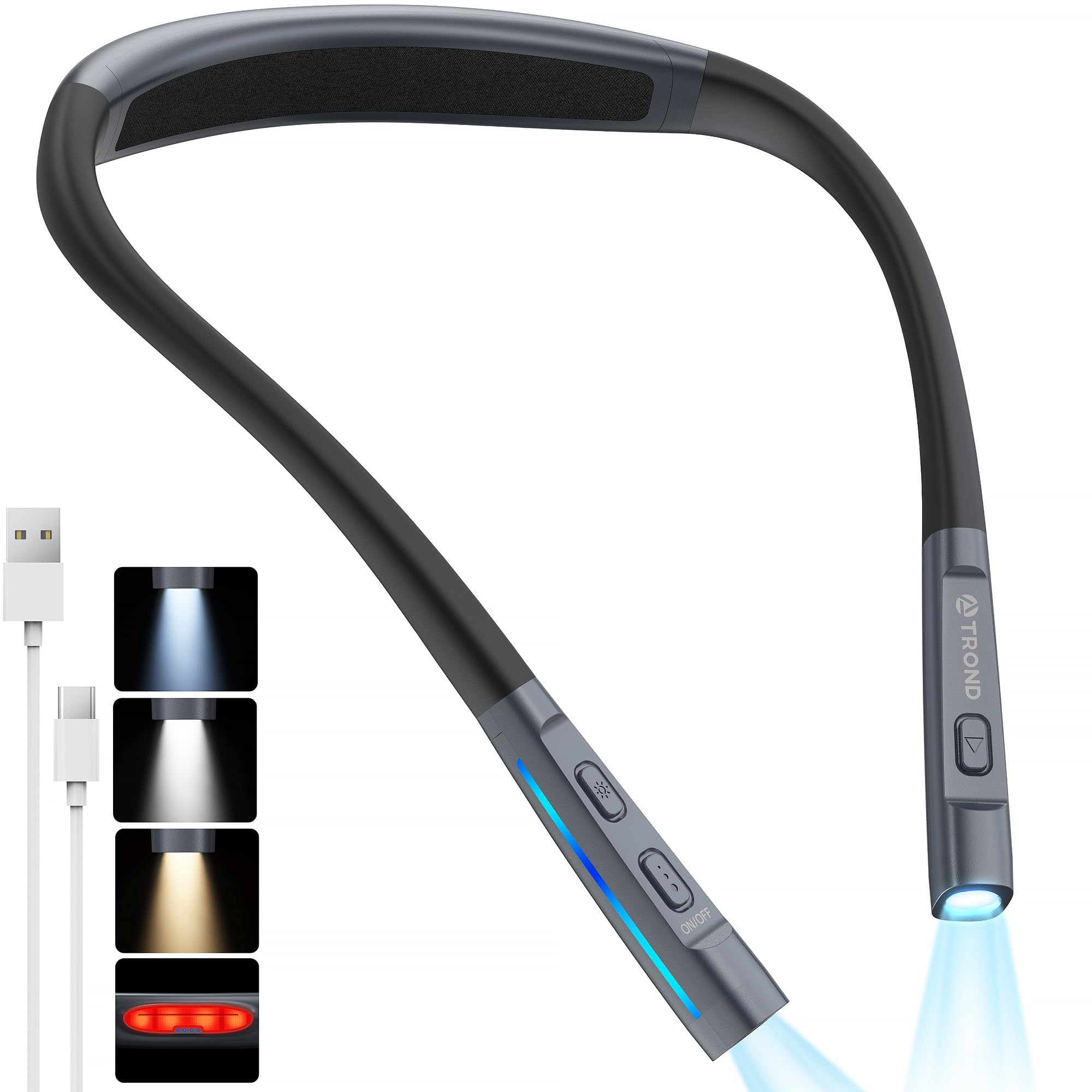 TROND LED Neck Reading Light, 3 Color 3 Brightness Book Light for Reading in Bed, 1000mAh Rechargeable Lamp, Flexible Arm with Outdoor Warning Lamp,