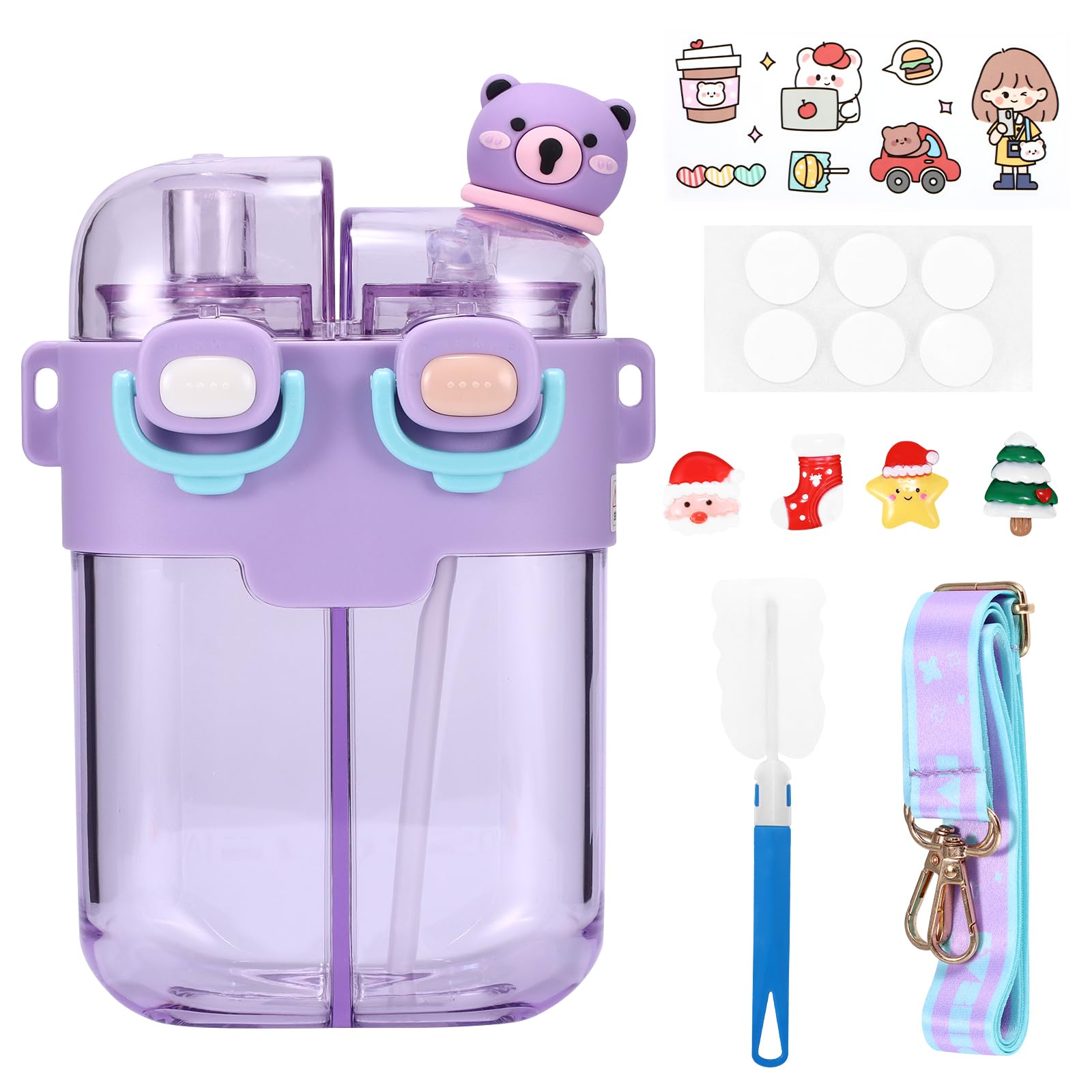 Miawtro Cute Water Bottle with Straw，Portable Plastic Drinking Bottle Double Storage，Large Capacity 780ml，Aesthetic Water Bottle Girls Boys with Stickers for School Travel Sports Outdoor (Purple)