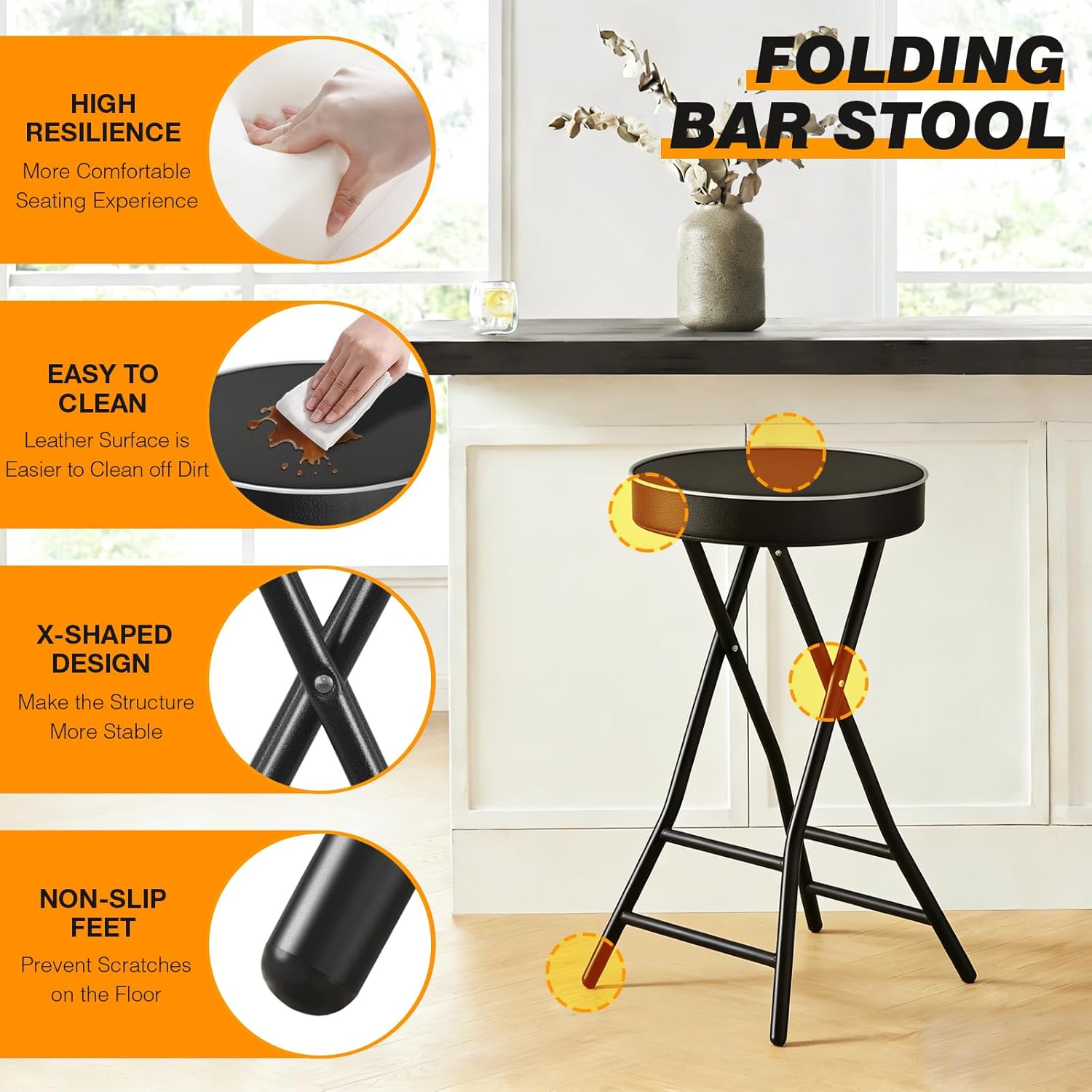 5Rcom Folding Stool Padded Chair, 2 Pack Cushioned Padded Folding Stool, 24 inch Tall Folding Bar Stool with Safety Lock, Foldable Stool for Adults with 400lbs for Garden, Camping, Fishing, Black