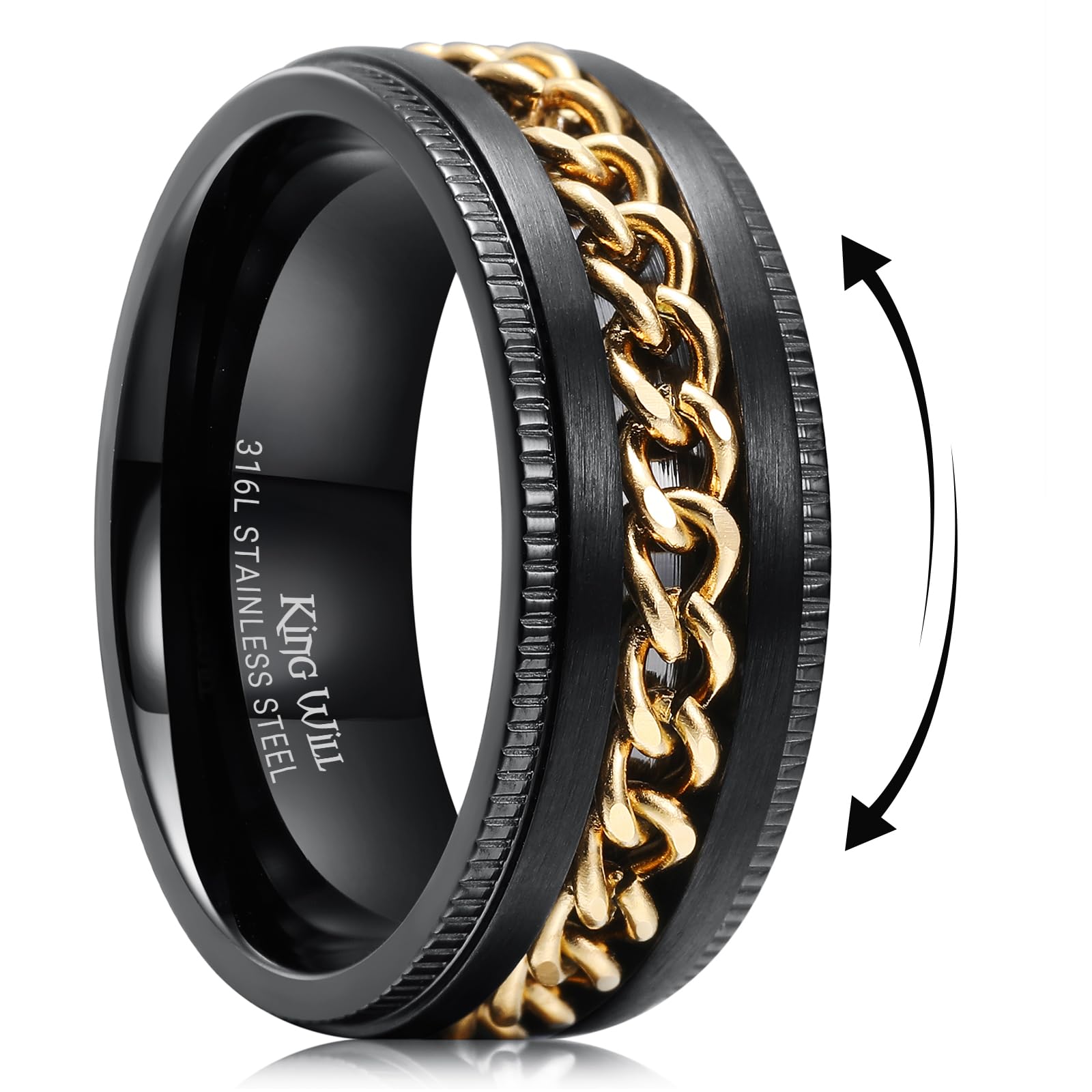 King Will 316L Stainless Steel Fidget Ring for Men Women-8mm Width with Stylish Chain Inlay Spinner Ring Stress Relief, Durable Wedding Band
