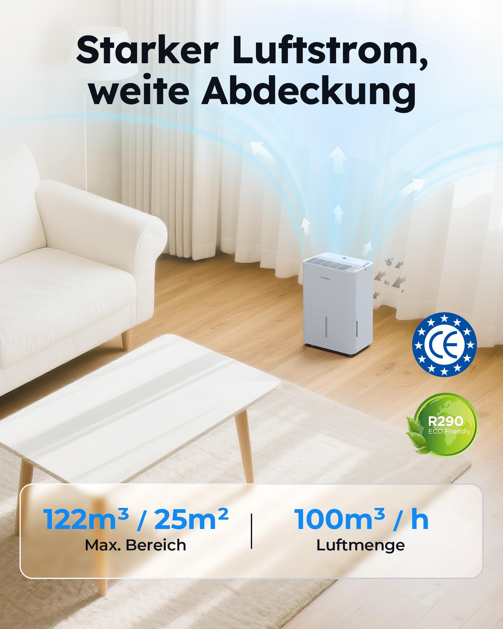 Kresico xWolei Luftentfeuchter elektrisch 12L/24h 35dB 122m³ 25m² R290