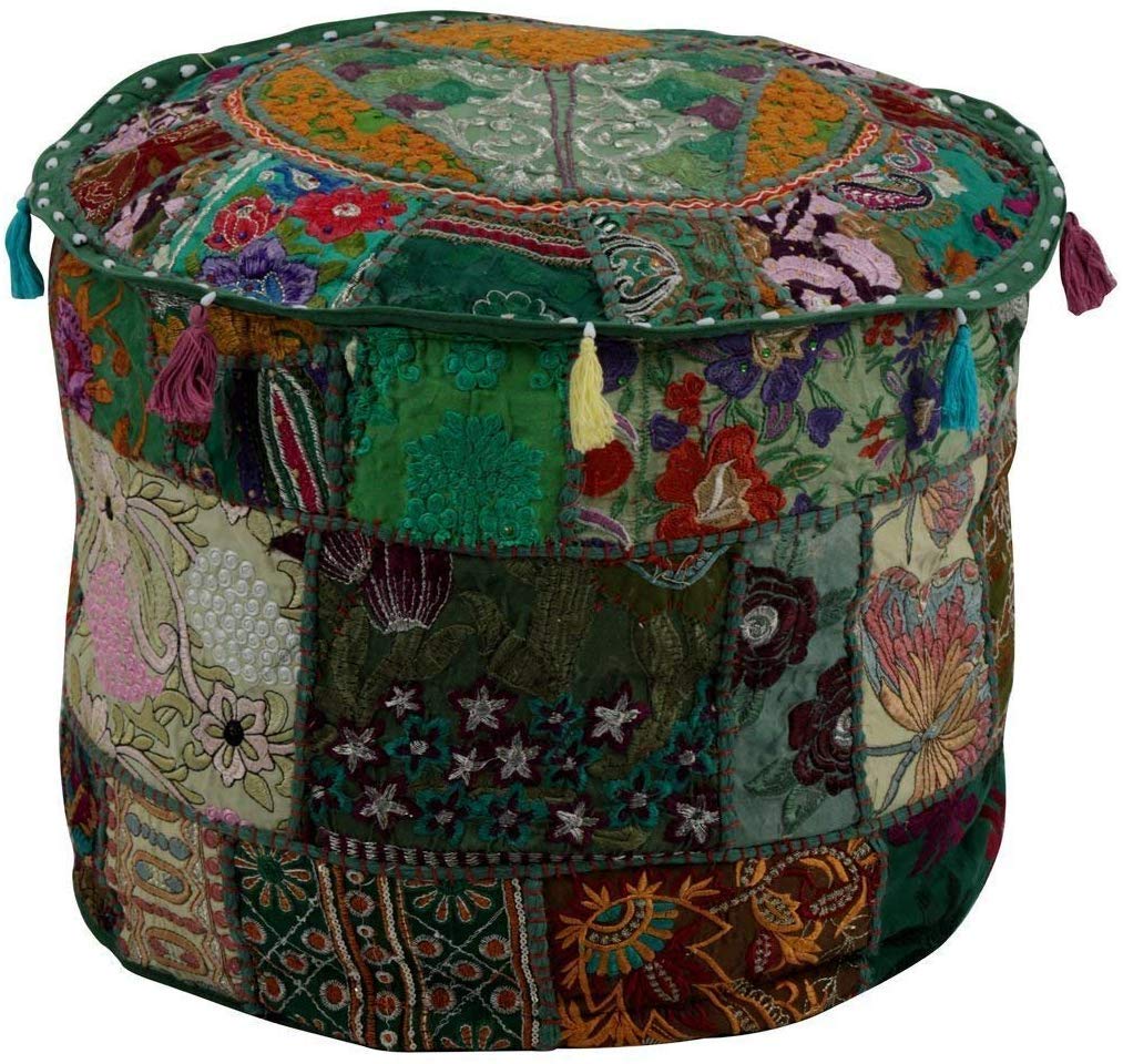 GANESHAM KLAVATE Indian Hippie Vintage Cotton Floor Pillow & Cushion Patchwork Bean Bag Chair Cover Boho Bohemian Hand Embroidered Handmade Pouf Ottoman (Dark Green, 13" H x 18" Diam.(inch))-image-25