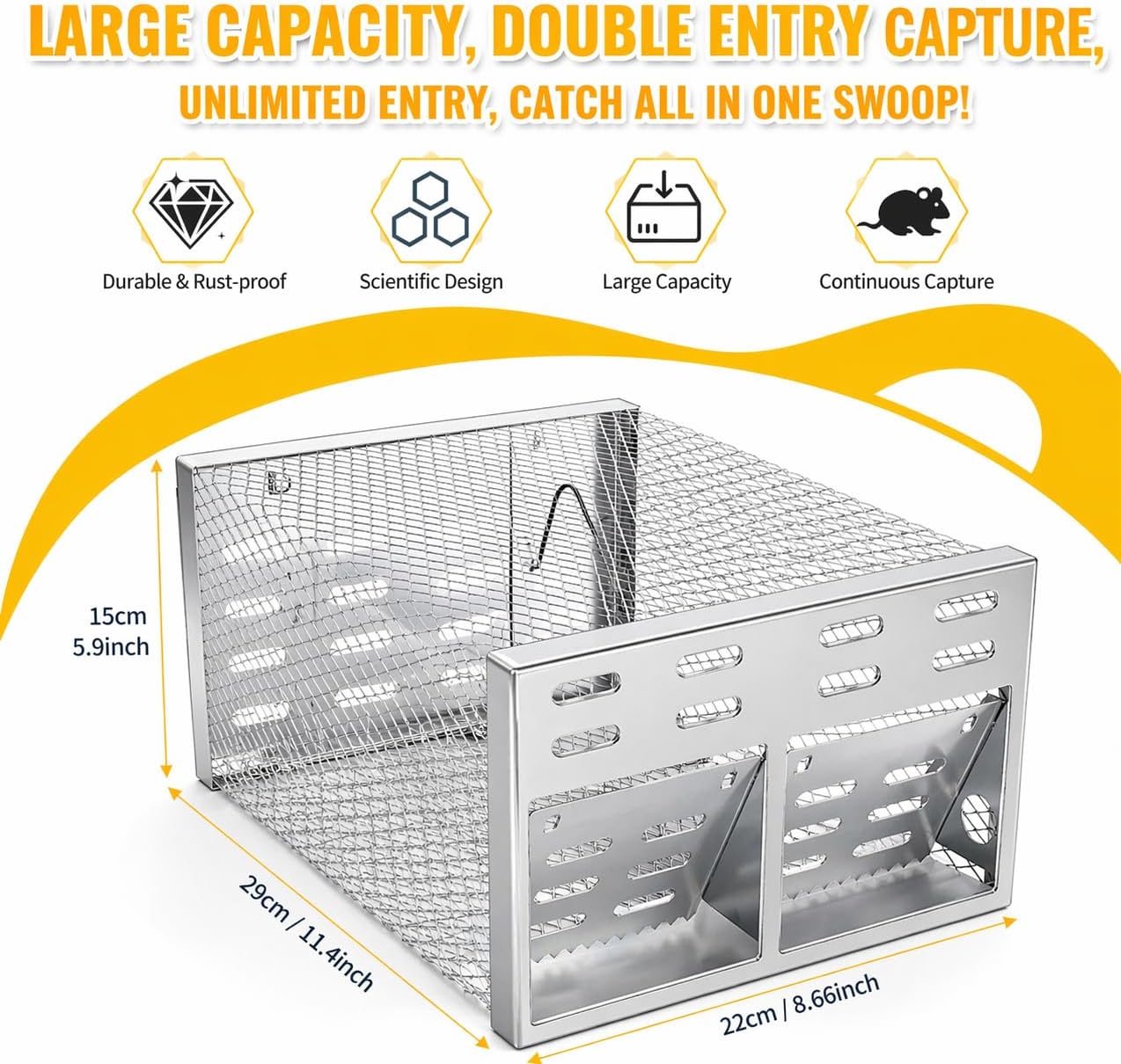 Humane Rodent Trap for Indoor & Outdoor Use - Automatic Multi-Catch Metal Cage with Double One-Way Doors, Reusable Safe Trap for Mice, Chipmunks & Small Animals (Grey)
