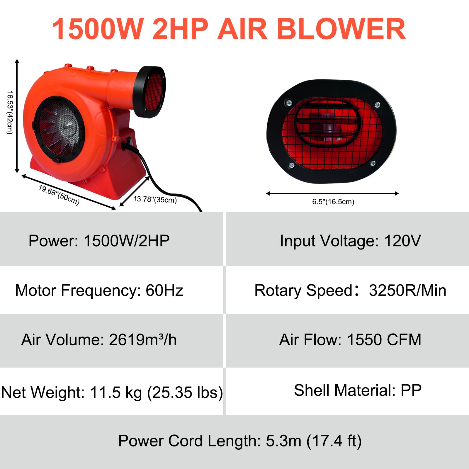2HP 1500W Commercial Air Blower For Bounce Houses & Inflatables - 3400RPM, 347CFM, 110V - Strong Wind For Quick Setup