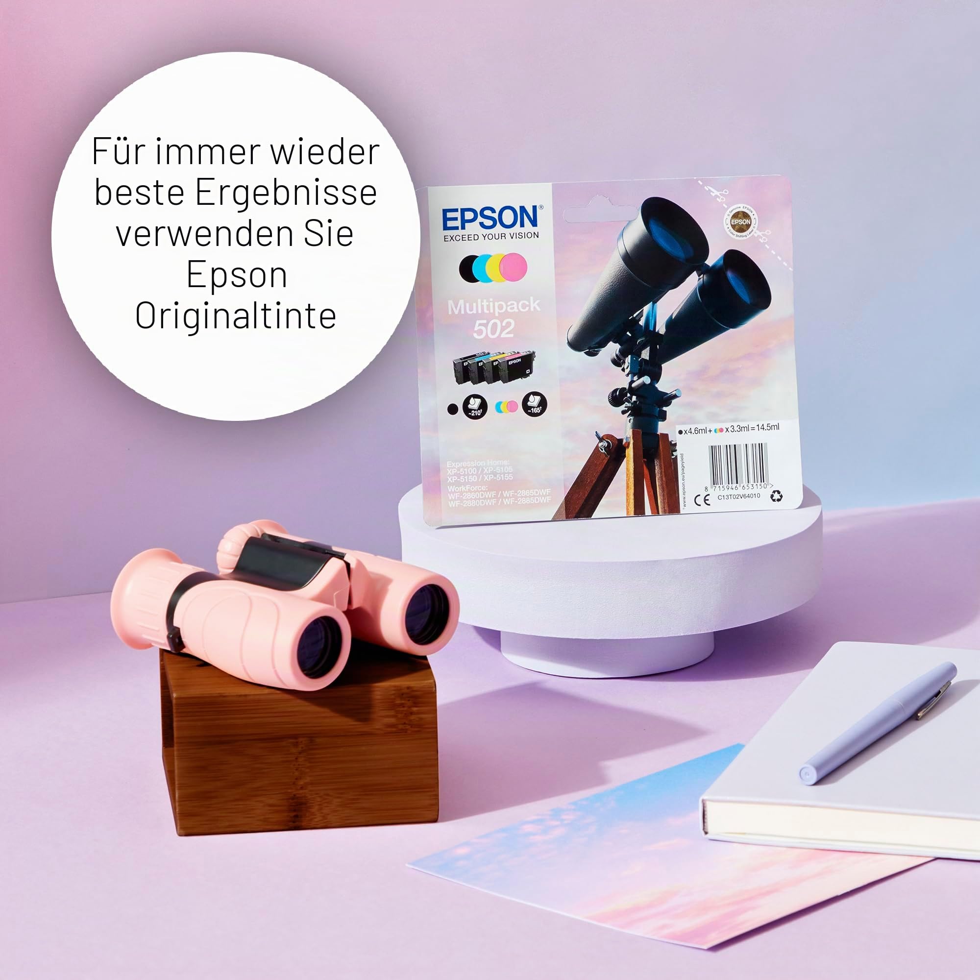 Epson Original 502 Tinte Fernglas Multipack 4-farbig Standard, XP-5100 XP-5105 XP-5150 XP-5155 WF-2860DWF WF-2865DWF WF-2880DWF WF-2885DWF, ReadyPrint Flex-Tintentarife