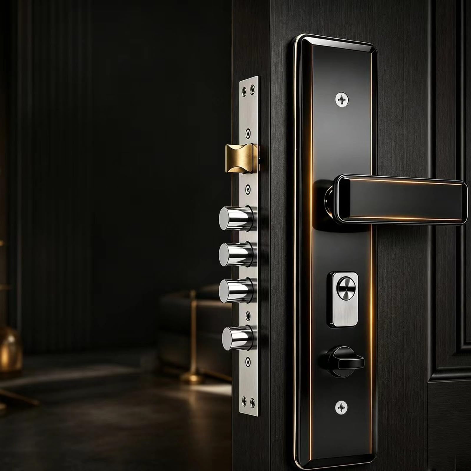 Serratura Meccanica in Acciaio Inox, Set Maniglia Antifurto per Porta D'Ingresso, Finitura Nera(B+Inside Open)