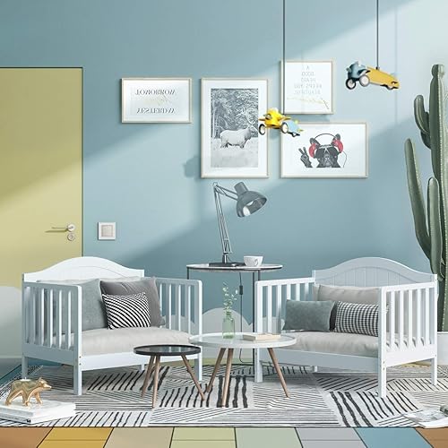 Vista 13 de Costzon Cama convertible 2 en 1 para niños pequeños, cama clásica de madera para niños con 2 barandillas laterales, estribo para mayor seguridad