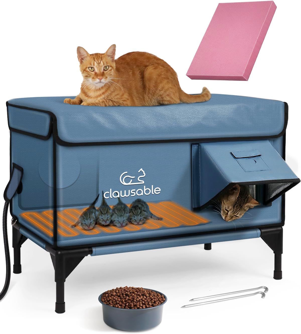 Heated Cat House for Outside Foam Board, Extremely Insulated Outdoor Cat House Escape Door, Weatherproof & Waterproof Awning, Elevated Feral Animal Shelter for Winter 25.0"L x 15.0"W x 18.0"H Grayish Blue