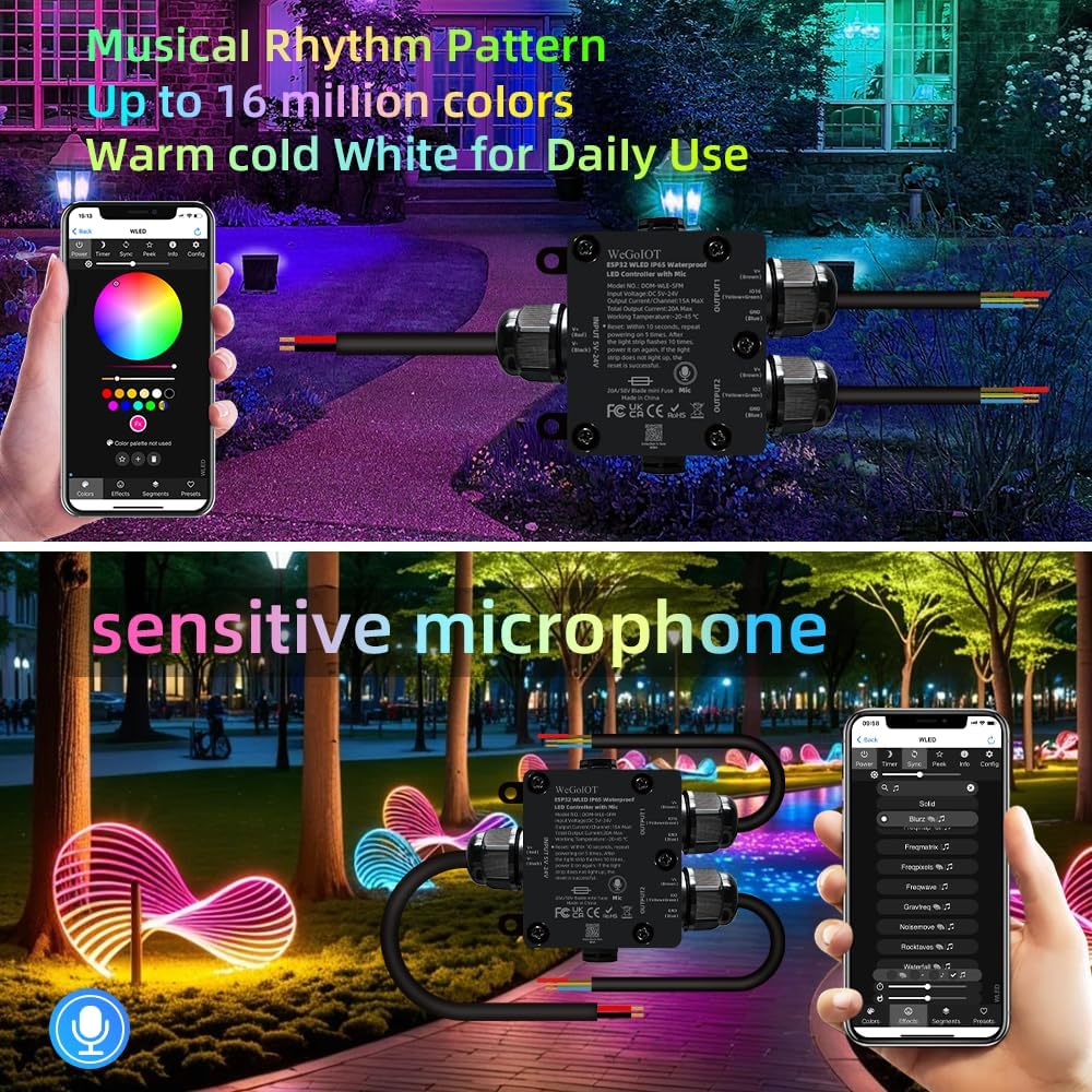IP65 Waterproof LED Controller, ESP32 WLED WiFi APP Control, Outdoor Music Sync Light Controller, DC5-24V, for WS2812B RGBIC RGBW LED Strip Lights(2 Channel)