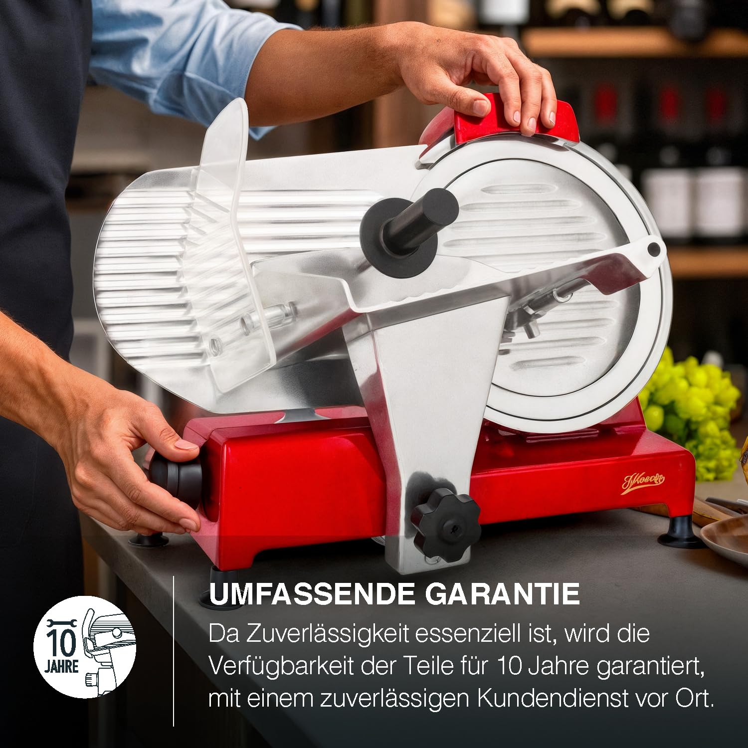 H.Koenig Elektrischer Fleischschneider MSX254, Wurstwaren, professionell, präzise,Schnitt 0-12 mm,Klinge 25 cm,eingebauter Schärfer,breite Platte,282 rpm, Rot