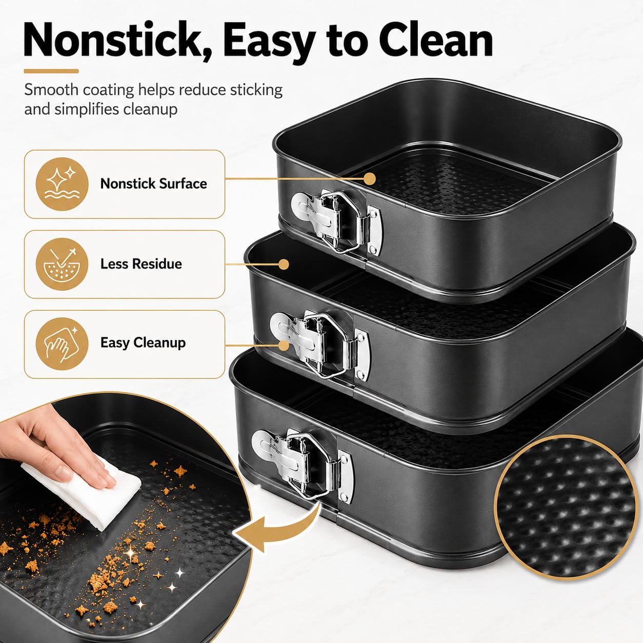 Lot de 3 moules à charnière carrés avec fond amovible 20,3 cm/22,9 cm/25,4 cm Moule à gâteau carré anti-adhésif pour gâteaux, cheesecakes, pizzas et quiches