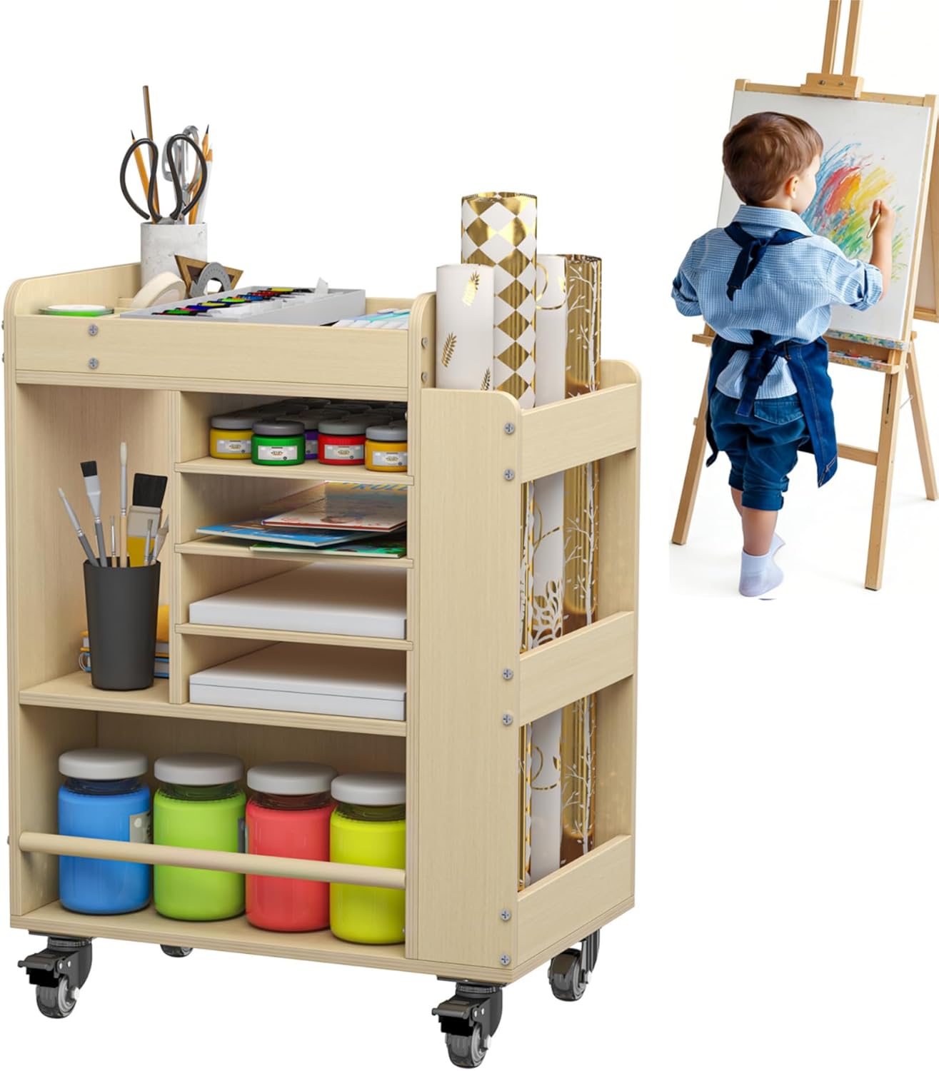 lukar Wooden Art Storage Cart with Wheels, 25.6" Art Supply Storage Organizer Cart, Multi-Functional Rolling Utility Carts for Kid, Arts Activity Carts for Storing A4 Paper, Brushes, Paint