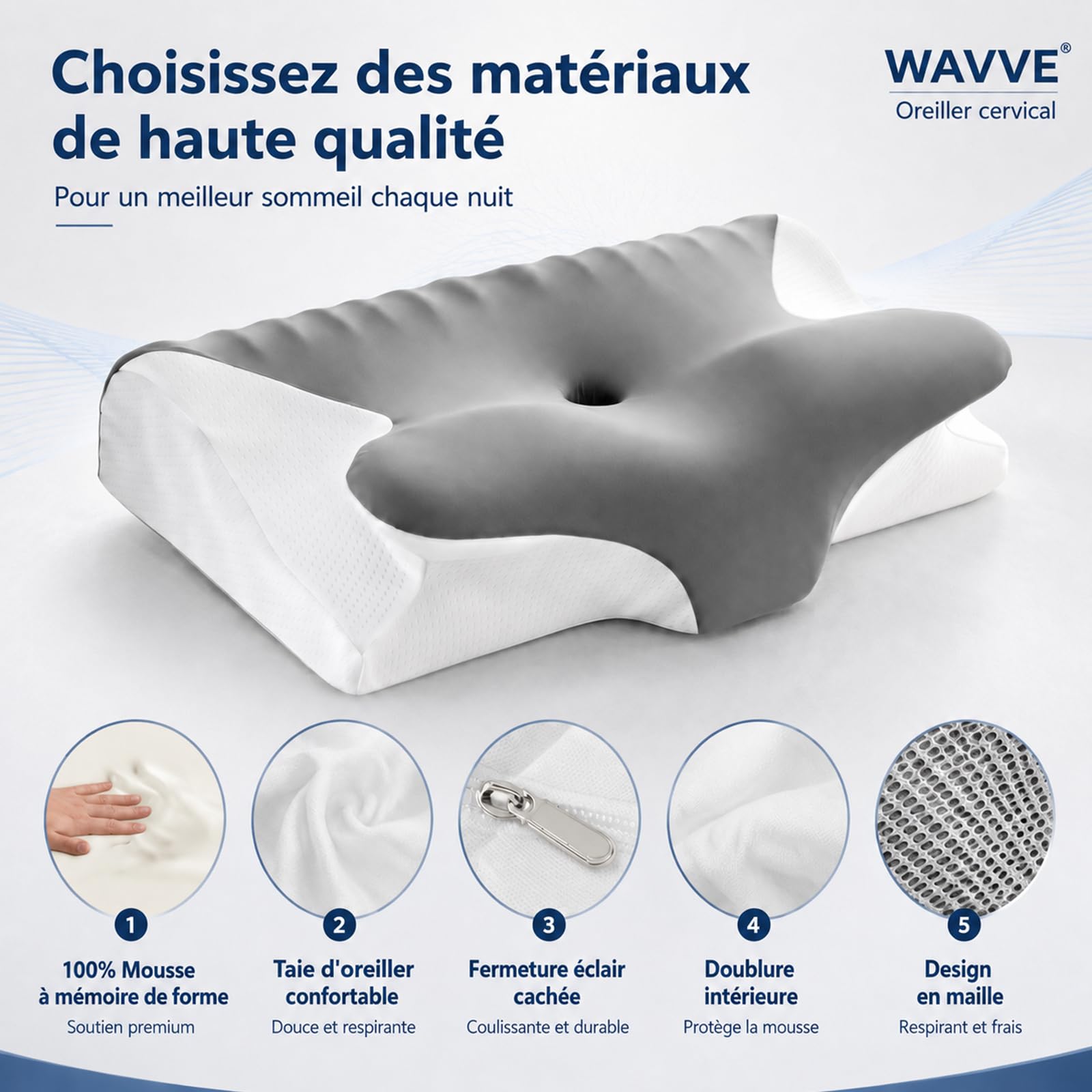 WAVVE Oreiller Cervical Ergonomique et Coussin Cervical pour Cervicales | Design Papillon à Double Hauteur 11/13 cm, Mousse à Mémoire de Forme Haute Densité