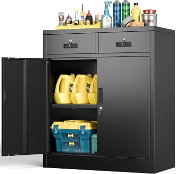 BESFUR Metal Storage Cabinet with Doors and Shelves, 36" H Locking Storage Cabinet with 2 Drawers, Reinforced Heavy Duty Metal Cabinets for Garage, Office, HomeBlack