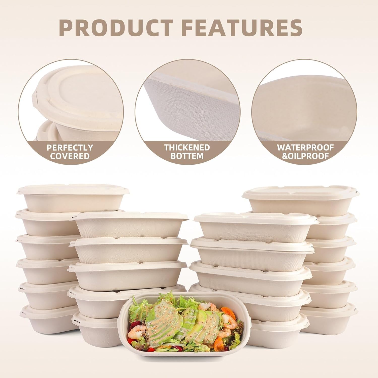 50 recipientes desechables de comida preparada con tapas, compostables para microondas y congelables, recipientes para llevar ensalada para cuencos de comida y cajas bento.
