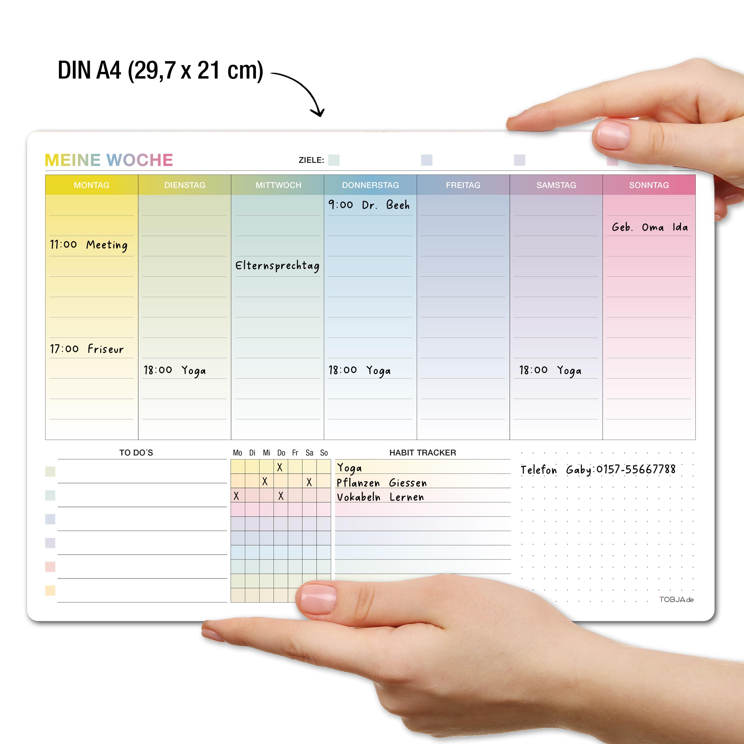 TOBJA Planer tygodniowy tablica suchościeralna A4 Samoprzylepny planer 30 x 21 cm | Kalendarz z listą To-Do i trackerem nawyków | Wielokrotnego użytku planer tygodniowy na ścianę i lodówkę (Planer
