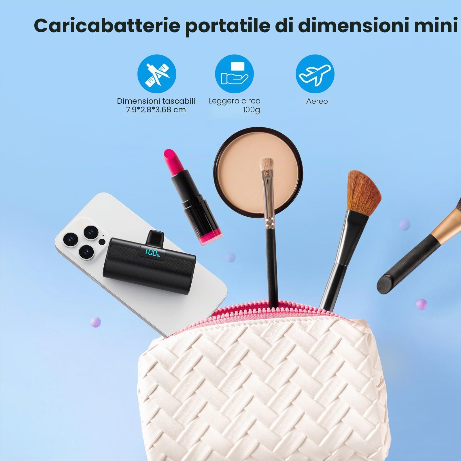 Power Bank 5200mAh USB C PD Caricatore Portatile per iPhone 17/16/15 Android Samsung Galaxy Note Huawei iPad Pro Nero