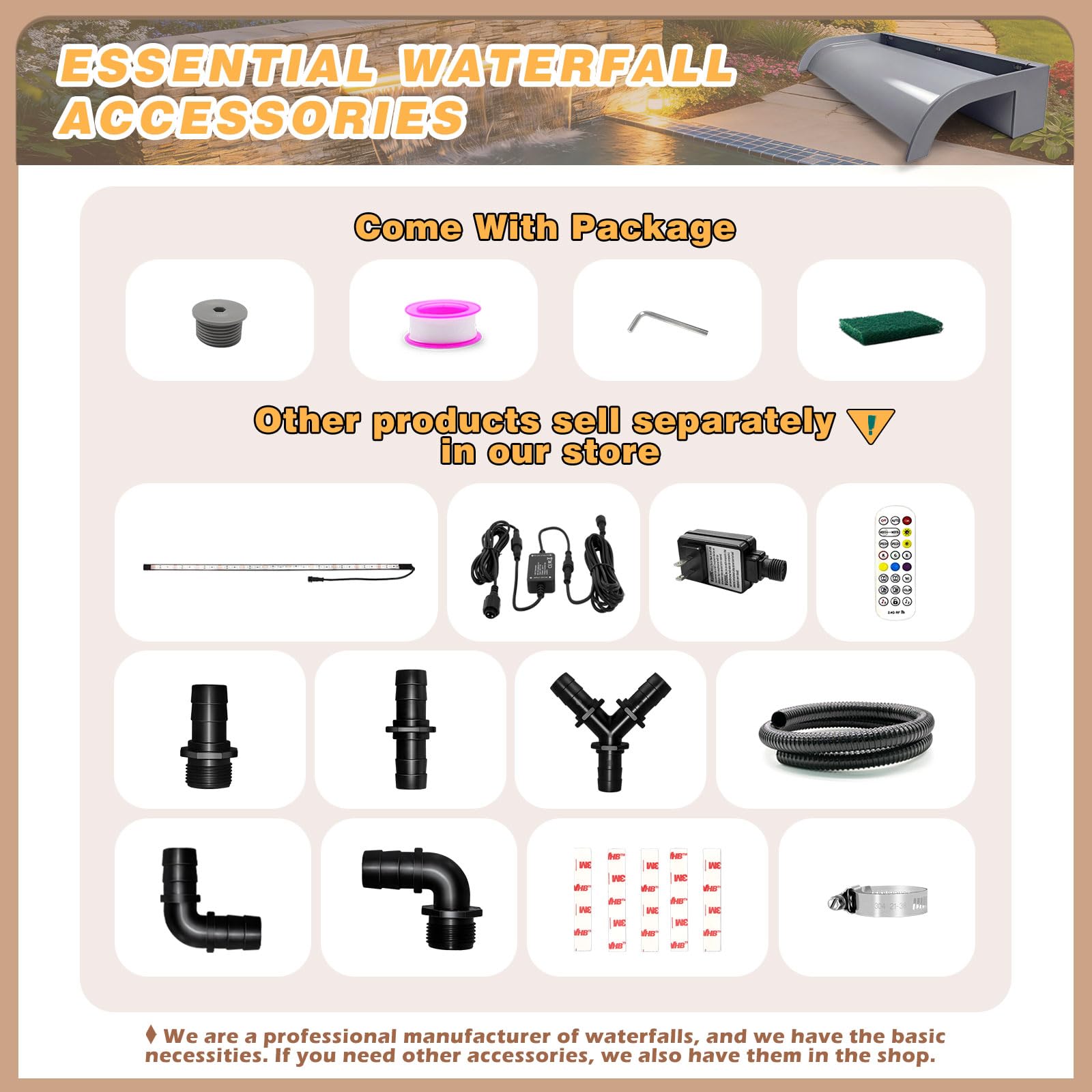 Kit de hojas de cascada para estanque, fuente de piscina acrílica de 30 cm con accesorios, 20 cm de ancho, salida curvada para decoración de jardín, patio y estanque