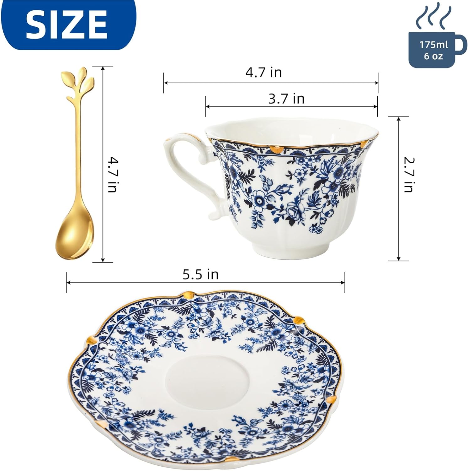 Porcelain Tea Cups and Saucers Set of 2, 6 Oz Vintage Country Roses Bone China Tea Cup with Gold Trim, Spoon, 6 Pieces Coffee Cappuccino Mugs for Women, Tea Parties, Wedding Gifts - Image 2