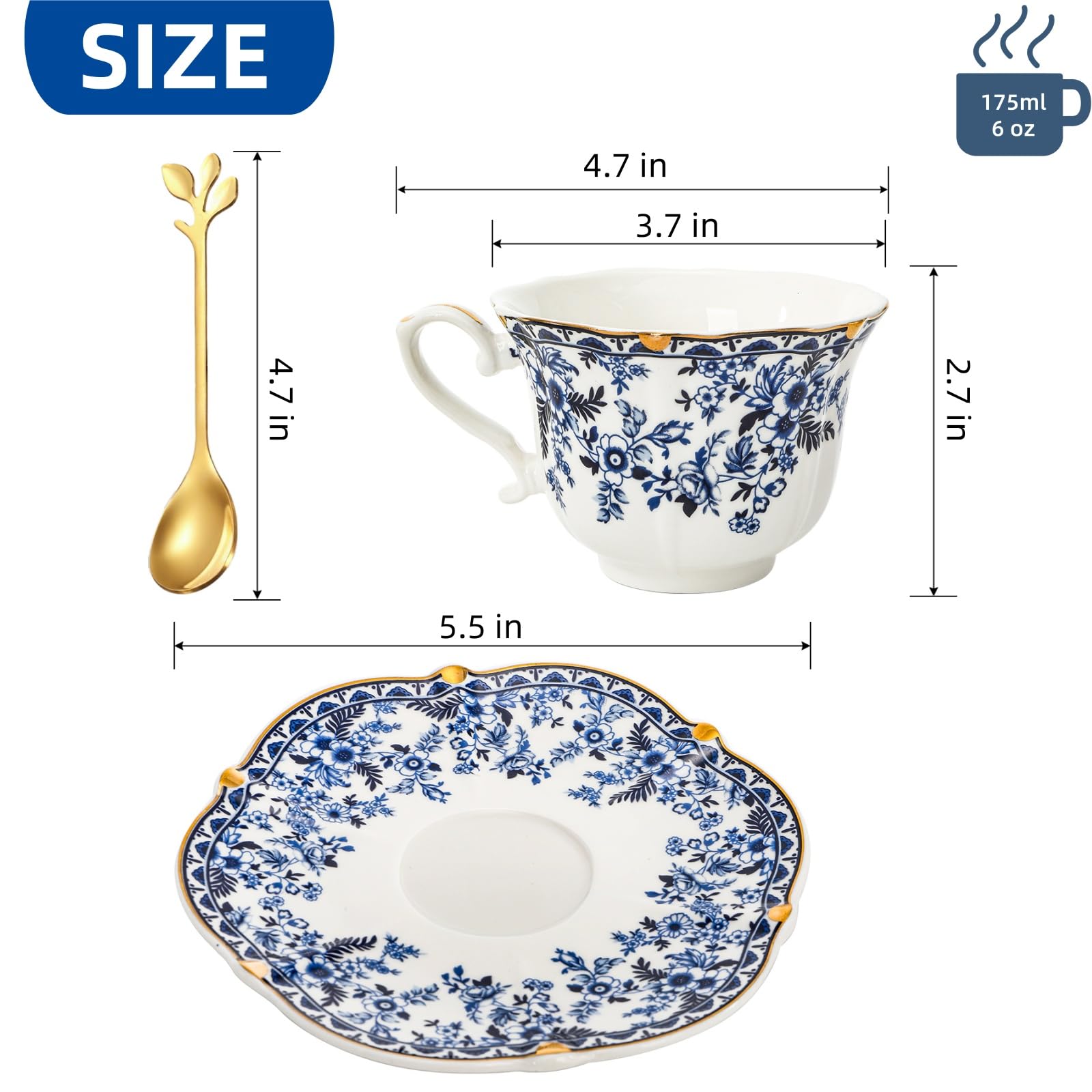 Set di 2 tazze da tè e piattini in porcellana, 170 ml, stile vintage, con rose rustiche, con finiture dorate, cucchiaio, 6 tazze da caffè e cappuccino per donne, tea party, regali di nozze