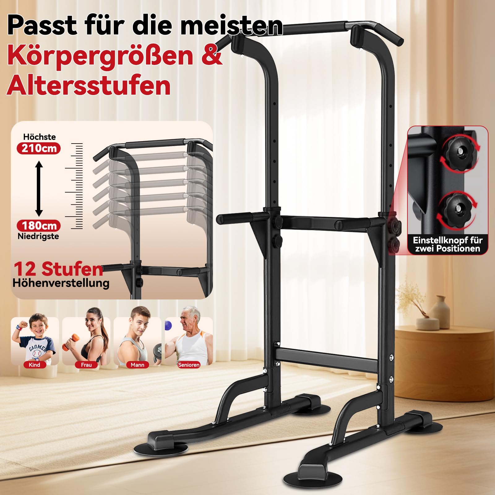 WATBKHE Power Tower Klimmzugstange Freistehend Dip Station Verstellbar