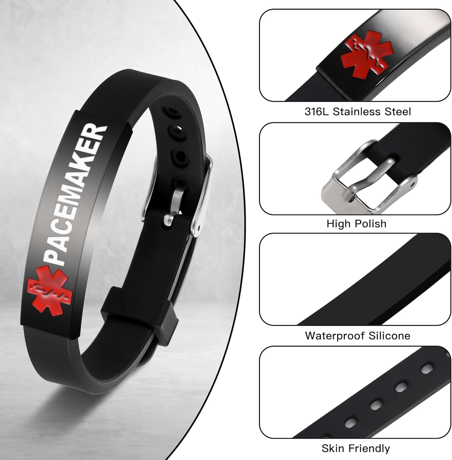 Medical Alert Bracelet Dual-Sided Custom Engraved ID Identification Personalized Wristband for Women Adjustable Band Security Clasp - Image 3